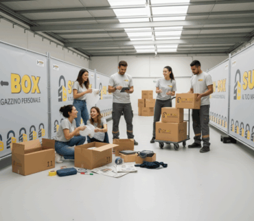 Corridoio di box self storage con porte chiuse e telecamere