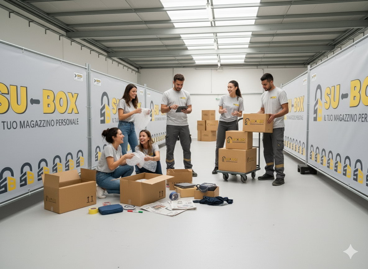 Corridoio di box self storage con porte chiuse e telecamere