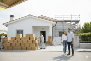 Famiglia che sistema scatole in un box medio