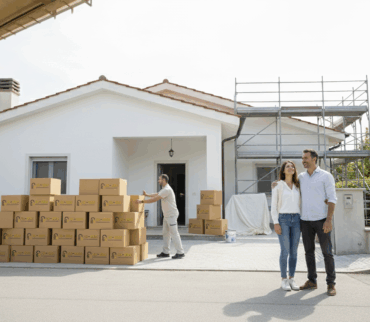 Famiglia che sistema scatole in un box medio