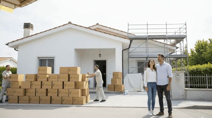 Famiglia che sistema scatole in un box medio