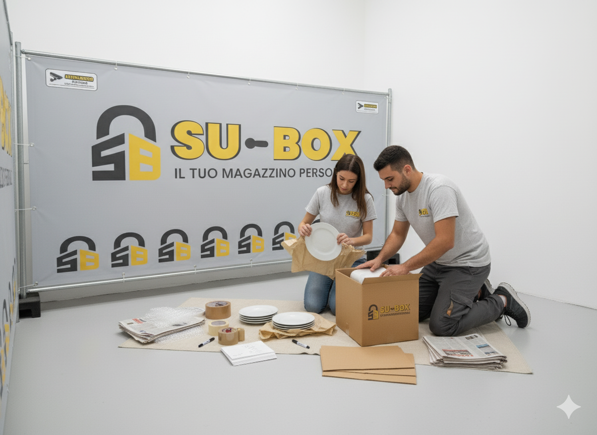 Interno di un box piccolo ordinato con scatole etichettate