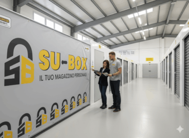 Famiglia che sistema scatole in un box medio